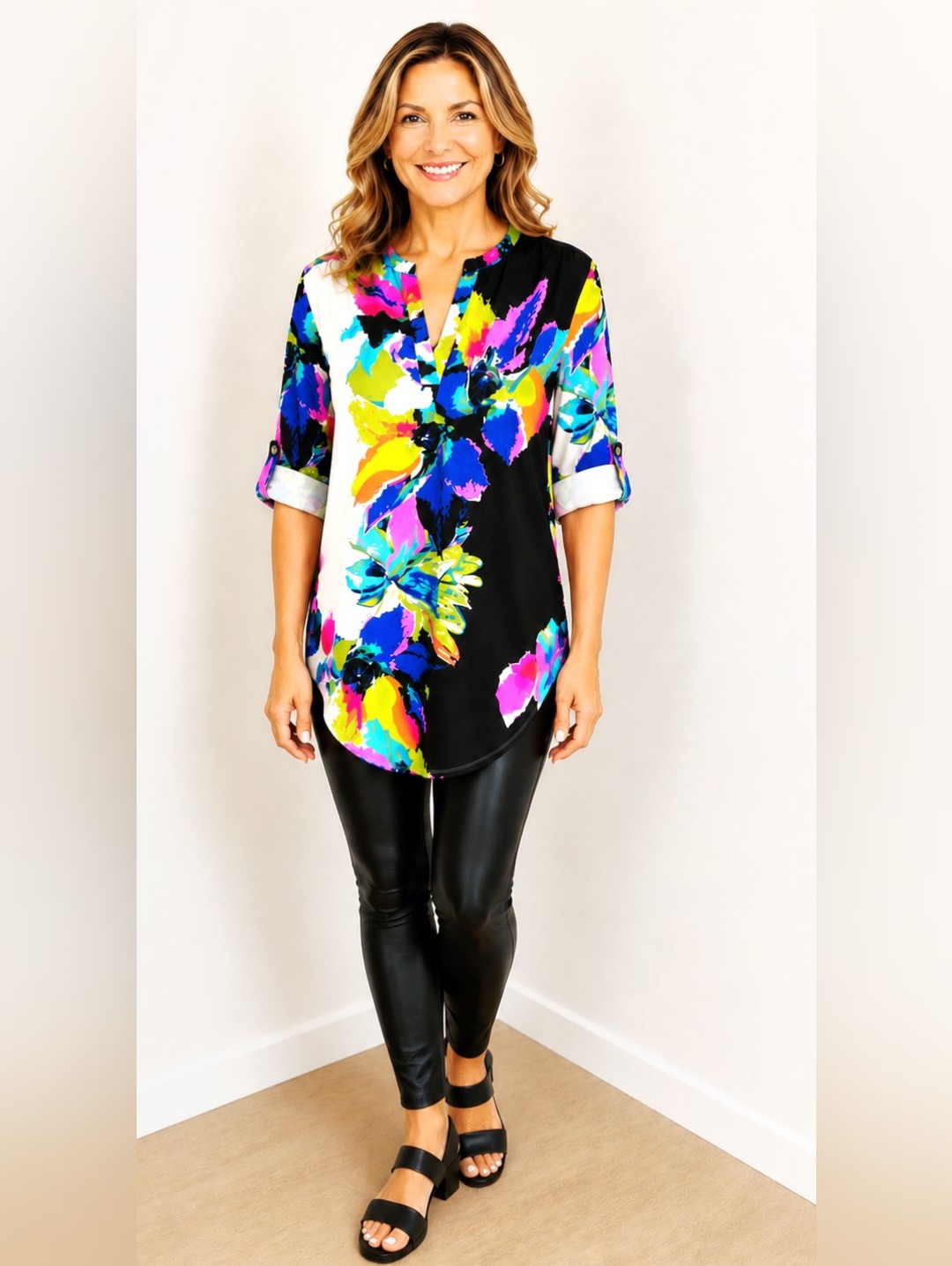 Joan Vass Multicolor Floral Split V-Neck Tunic With Roll-Tab Sleeves, Size Large